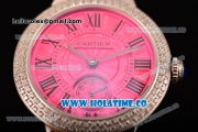 Cartier Ballon Bleu De Small Swiss Quartz Steel Case with Diamonds Bezel Hot Pink Dial and Hot Pink Leather Strap - Black Markers