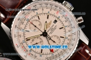 Breitling Navitimer World Chrono Swiss Valjoux 7750 Automatic Steel Case with Brown Leather Strap Stick Markers and White Dial