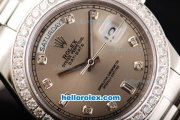 Rolex Day Date II Automatic Movement Full Steel with Diamond Bezel-Diamond Markers and Grey Dial