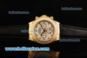 Rolex Daytona Swiss Valjoux 7750 Automatic Movement Gold Case with Double Row Diamond Bezel - Diamond Markers and Black Leather Strap Rolex Daytona Swiss Valjoux 7750 Automatic Movement Gold Case with Double Row Diamond Bezel - Diamond Markers and Black Leather Strap