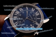 Cartier Ronde Solo Swiss ETA 2836 Automatic Steel Case with Blue Leather Strap White Roman Numeral Markers and Diamond Bezel