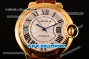 Cartier Ballon Bleu De Medium Asia 4813 Automatic Yellow Gold Case with Silver Dial and Brown Leather Strap - Roman Numeral Markers (GF)