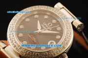 Omega Ladymatic Swiss ETA Quartz Steel Case with Diamond Bezel and Black Leather Strap