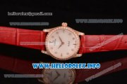 Omega De Ville Prestige Miyota Quartz Rose Gold Case with White MOP Dial Diamonds Bezel and Red Leather Strap