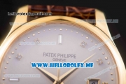 Patek Philippe Calatrava Miyota Quartz Yellow Gold Case with White Dial and Brown Leather Strap Diamonds Markers