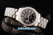 Rolex Day Date II Automatic Movement Full Steel with Diamond Bezel-Diamond Markers and Black Dial