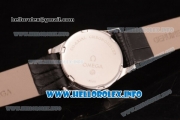 Omega De Ville Prestige Miyota Quartz Steel Case with White MOP Dial Diamonds Bezel and Black Leather Strap