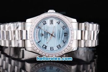 Rolex Day-Date Oyster Perpetual with Diamond Bezel,Light Ocean Blue Dial and Black Number Marking