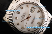 Rolex Datejust Automatic Movement with White Dial and Diamond Marking-Black Leather Strap