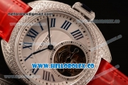 Cartier Cle de Cartier Flying Tourbillon Swiss Tourbillon Manual Steel Case with White Dial and Red Leather Strap (ZF)