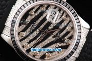 Rolex Datejust Automatic Movement ETA Case with Black Diamond Dial/Hour Marker and Black Diamond Bezel-Black Rubber Strap