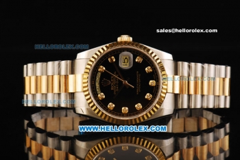 Rolex Day Date Rolex 3156 Automatic Movement Gold Bezel with Black Dial and Diamond Markers - Two Tone Strap