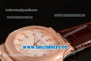 Patek Philippe Nautilus Miyota 9015 Automatic Rose Gold Case with White Dial and Brown Leather Strap