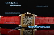 Cartier Santos 100 Medium Swiss Quartz Steel Case Gold Bezel with Red Leather Strap White Dial Roman Markers