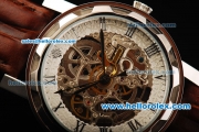 Patek Philippe Skeleton Automatic Movement Steel Case with Roman Numerals and Brown Leather Strap