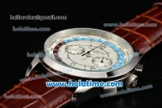Patek Philippe Complicated World Time Chrono Miyota Quartz Steel Case with White Dial and Brown Leather Strap