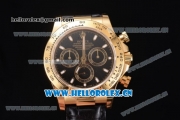 Rolex Cosmograph Daytona Clone Rolex 4130 Automatic Yellow Gold Case with Black Dial Stick Markers and Black Leather Strap (BP)