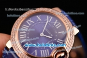 Cartier Ballon Bleu Swiss Quartz Rose Gold Case with Blue Leather Strap Diamond Bezel and Blue Dial