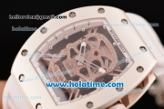 Richard Mille RM 52-01 Miyota 6T51 Automatic Rose Gold Case with Diamonds Skull Dial and White Rubber Bracelet