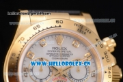 Rolex Cosmograph Daytona Clone Rolex 4130 Automatic Yellow Gold Case with White Dial Diamonds Markers and Black Leather Strap (EF)