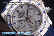 Rolex Daytona Chronograph Swiss Valjoux 7750 Automatic Steel Case with Diamond Bezel and White Dial-Blue Leather Strap