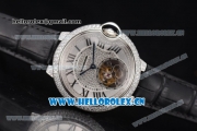 Cartier Ballon Bleu Tourbillon Swiss Tourbillon Manual Winding Steel/Diamonds Case with Diamonds Dial and Black Leather Strap Roman Numeral Markers