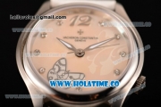 Vacheron Constantin Metiers d'Art Swiss ETA 2824 Automatic Steel Case with Pink MOP Dial White Leather Strap and Diamonds Markers