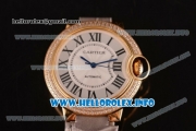 Cartier Ballon Bleu De Medium Asia 4813 Automatic Yellow Gold Case with Sliver Dial Diamonds Bezel and Grey Leather strap