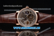 Cartier Ronde De MoonPhase Swiss Tourbillon Manual Winding Rose Gold Case with Skeleton Dial and Brown Leather Strap