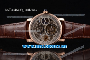 Cartier Ronde De MoonPhase Swiss Tourbillon Manual Winding Rose Gold Case with Skeleton Dial and Brown Leather Strap