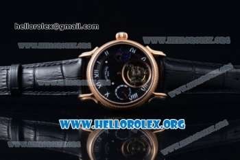Patek Philippe Grand Complication Swiss Tourbillon Manual Winding Rose Gold Case with Black Dial Roman Numeral Markers and Black Leather Strap