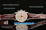 Breitling Navitimer World Chrono Swiss Valjoux 7750 Automatic Steel Case with Brown Leather Strap Stick Markers and White Dial