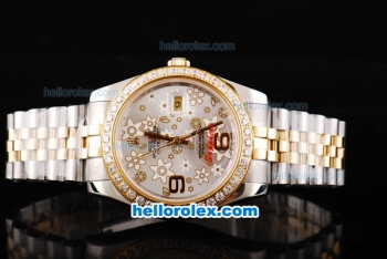 Rolex Datejust II Oyster Perpetual Automatic Movement Silver/Flower Dial with RG/Diamond Bezel-Two Tone Strap