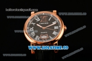 Cartier Rotonde De Miyota Quartz Rose Gold Case with Black Dial Leather Strap and White Roman Numeral Markers