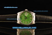 Rolex Datejust Automatic with Green Dial and ETA case-White Bezel-Diamond Marking-Small Calendar-Black Leather Strap