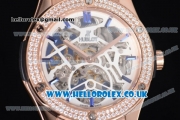 Hublot Classic Fusion Skeleton Asia Automatic Rose Gold Case with Skeleton Dial Diamonds Bezel and Blue Rubber Strap