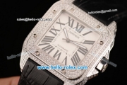 Cartier Santos 100 Swiss ETA 2824 Automatic Steel Case with Black Leather Strap Diamond Bezel and White Dial - 1:1 Original