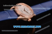 Omega De Ville Prestige Miyota Quartz Rose Gold Case with White MOP Dial Diamonds Bezel and Blue Leather Strap