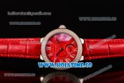 Cartier Ballon Bleu De Small Swiss Quartz Steel Case with Diamonds Bezel Red Dial and Red Leather Strap - White Markers