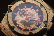 Hublot King Power Swiss Valjoux 7750 Automatic Steel Case with Diamond Bezel and Skeleton Dial-Red Markers