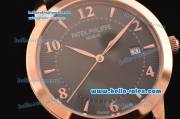 Patek Philippe Calatrava Swiss ETA 2824 Automatic Rose Gold Case with Black Leather Strap Black Dial Numeral/Stick Markers