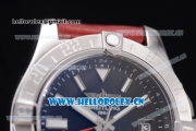 Breitling Avenger II GMT Swiss ETA 2824 Automatic Steel Case with Black Dial Stick Markers and Red Leather Strap