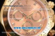 Rolex Cosmograph Daytona Clone Rolex 4130 Automatic Yellow Gold Case with Rose Gold Dial Diamonds Markers and Black Leather Strap (EF)