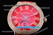 Cartier Ballon Bleu De Small Swiss Quartz Steel Case with Diamonds Bezel Red Dial and Red Leather Strap - White Markers