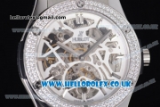 Hublot Classic Fusion Skeleton Asia Automatic Steel Case with Skeleton Dial Diamonds Bezel and Grey Leather Strap