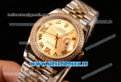 Rolex Datejust 37mm Swiss ETA 2836 Automatic Two Tone with Gold Dial and Roman Diamods Markers Diamonds Bezel