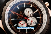 Breitling Chrono-Matic Chronograph Quartz Movement PVD Bezel with Black Dial and RG Case/Silver Subdials-Black Leather Strap