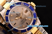 Rolex Submariner Asia 2813 Automatic Two Tone Case/Strap with Silver Dial Super LumiNova Markers and Blue Bezel - ETA Coating