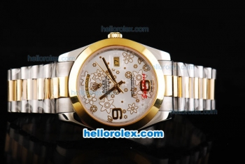 Rolex Day-Date II Oyster Perpetual Automatic Movement Two Tone with Flower Pattern Silver Dial and Gold Bezel