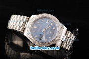 Rolex Day Date II Automatic Movement Full Steel with Double Row Diamond Bezel with Diamond Markers and Blue Dial